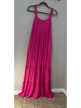 la february rayon hot pink slim strap maxi length sundress with elastic bodiceSM